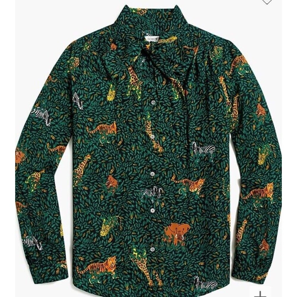 J. Crew Long Sleeve Bow Top Button Up Green Safari Print Size Small